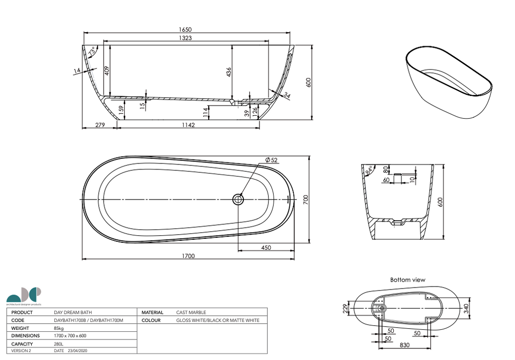 ADP Day Dream Freestanding Bath 1700mm - Matte White - Wellsons