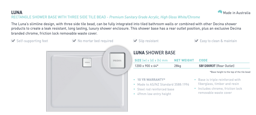 Decina Luna 1200mm Rear Waste Shower Base