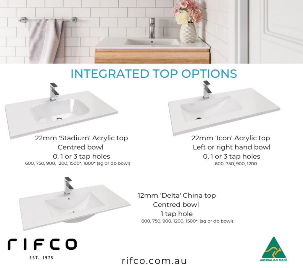 Rifco Genesis Wall Hung Vanity with Acrylic Top and Basin Double Drawer