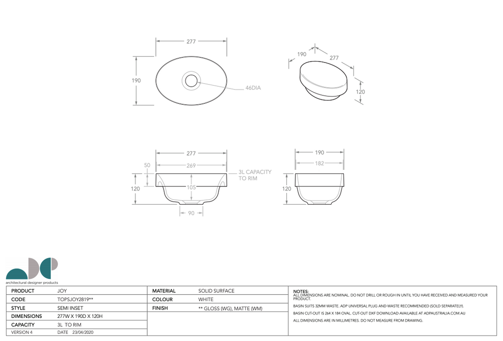 ADP Joy Semi Inset Solid Surface Basin - Matte White - Wellsons