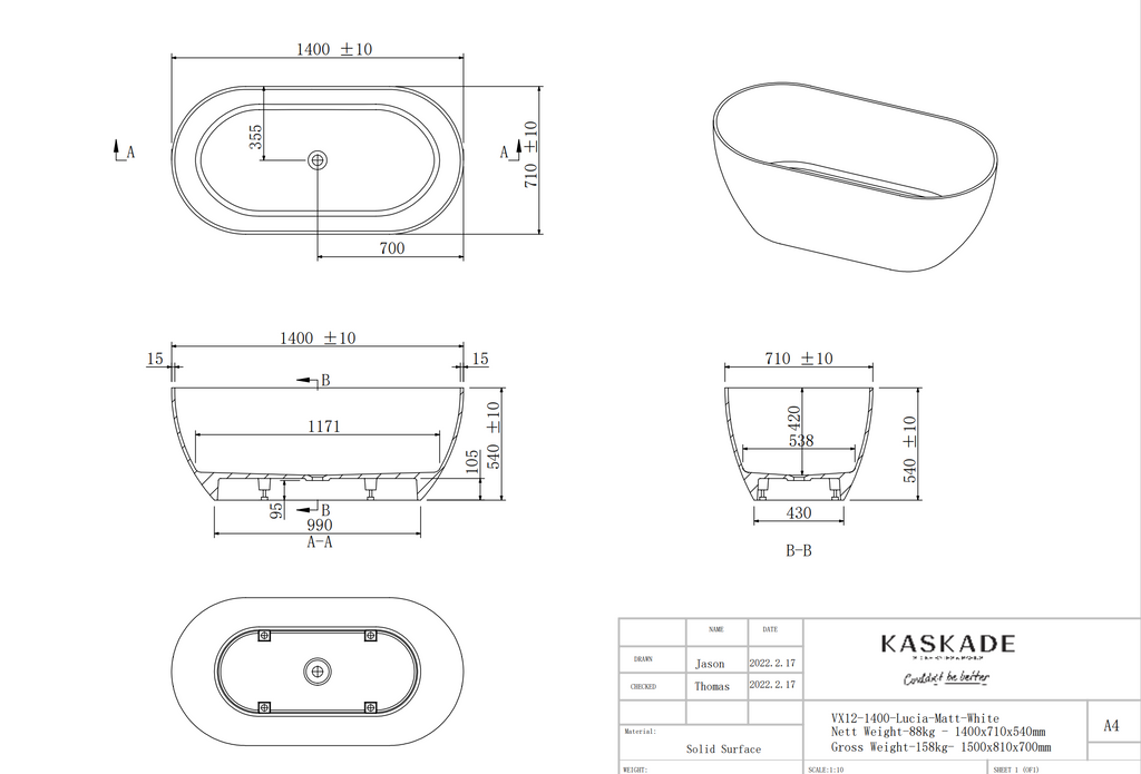 Kaskade Lucia Freestanding Stone Bath 1400mm - Matte White