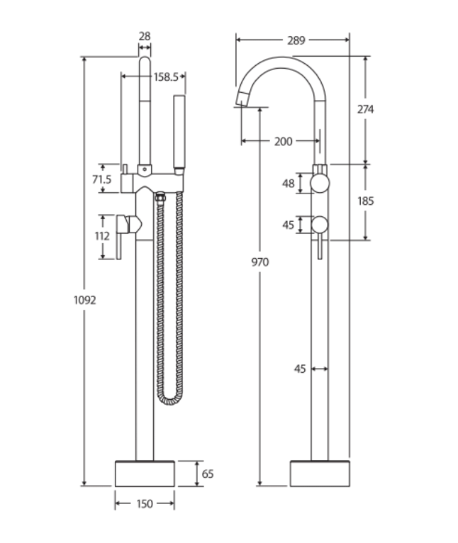 Fienza Kaya Floor Mounted Bath Mixer With Hand Shower - Urban Brass