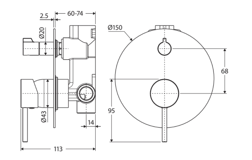 Fienza Kaya Large Round Plate Wall Diverter Mixer - Chrome