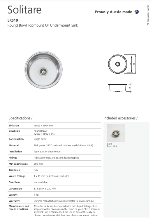 Oliveri Solitaire Round Bowl Sink