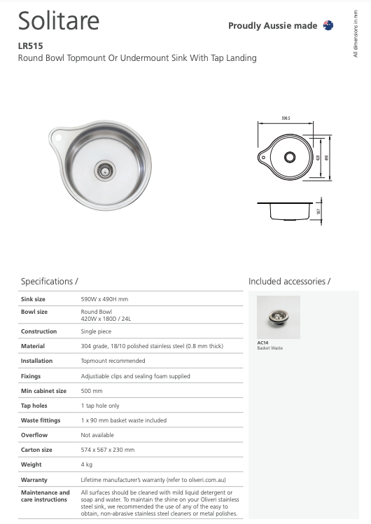 Oliveri Solitaire Round Bowl Sink With Tap Landing