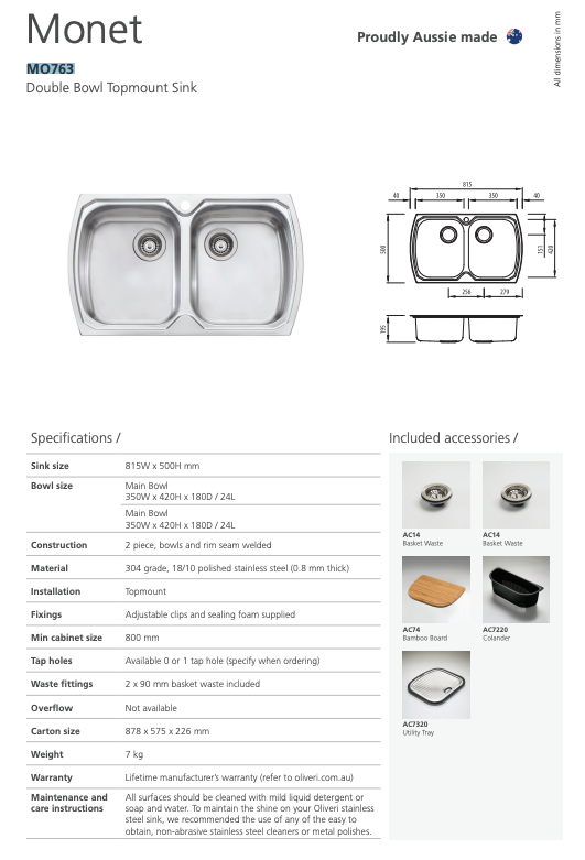 Oliveri Monet Double Bowl Topmount Sink