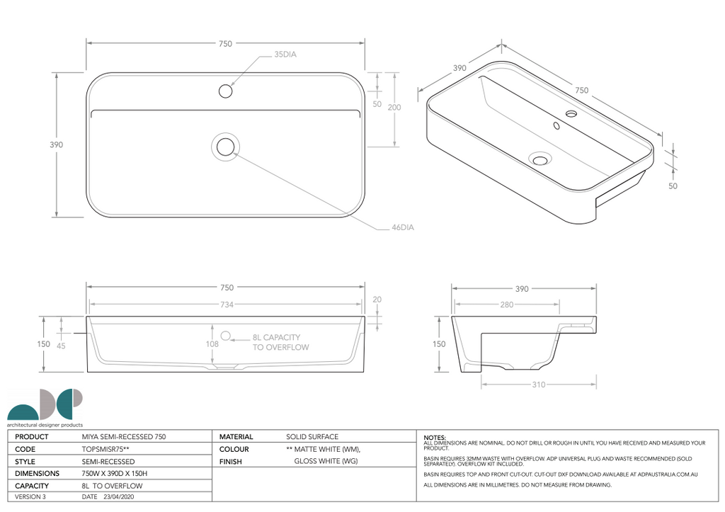 ADP Miya 750 Semi-Recessed Basin - Matte White - Wellsons