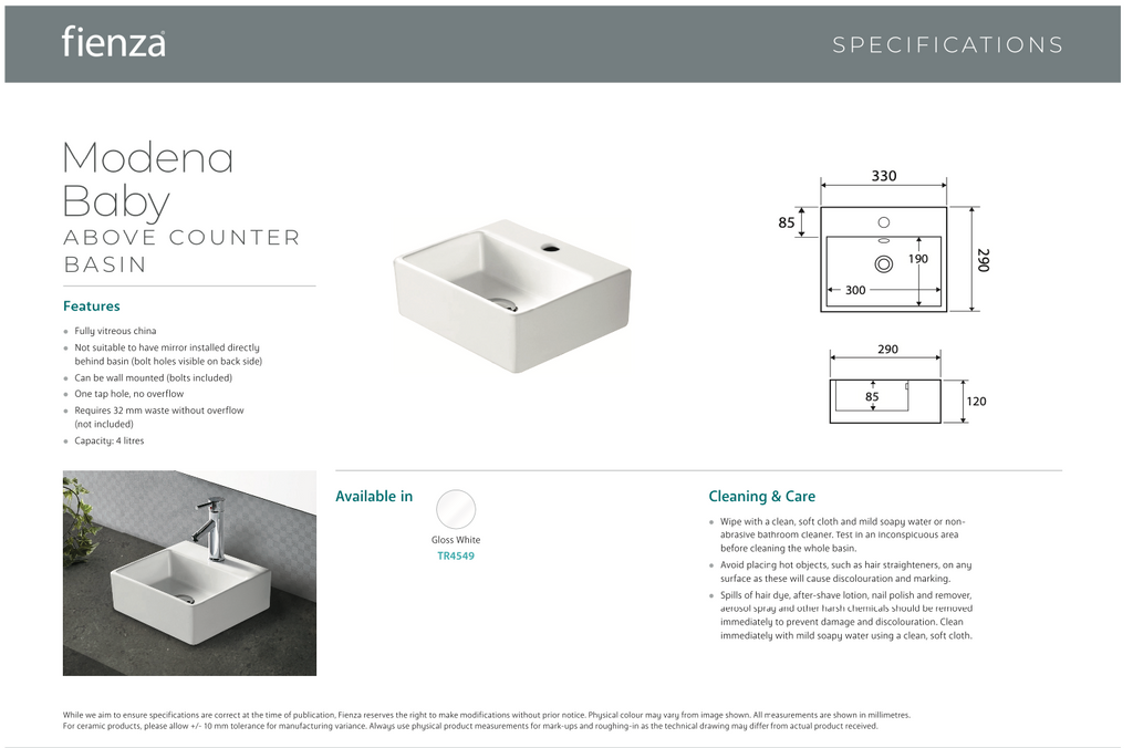 Fienza Modena Baby Above Counter Basin - Gloss White