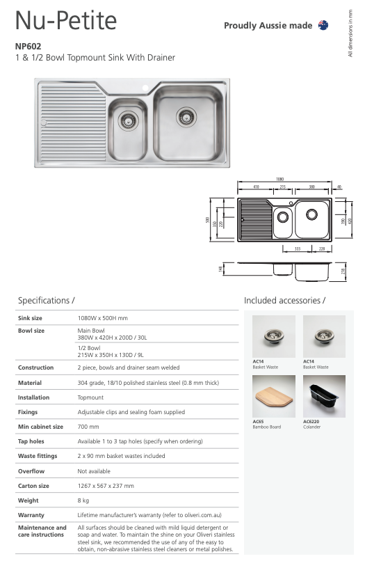 Oliveri Nu-Petite 1 & 1/2 Bowl Topmount Sink With Drainer