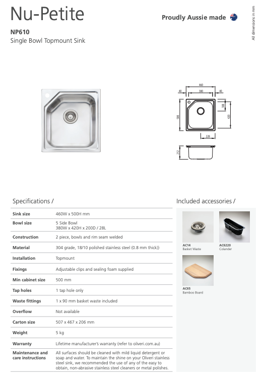 Oliveri Nu-Petite Standard Bowl Topmount Sink
