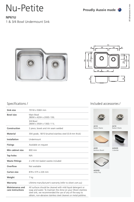 Oliveri Nu-Petite 1 & 3/4 Bowl Undermount Sink