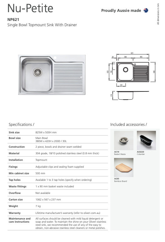 Oliveri Nu-Petite Single Bowl Topmount Sink with Drainer