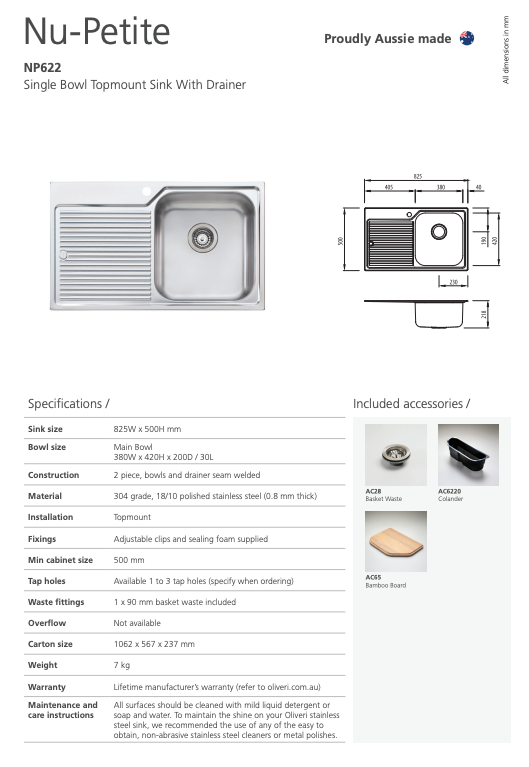 Oliveri Nu-Petite Single Bowl Topmount Sink with Drainer