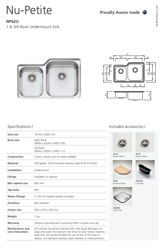 Oliveri Nu-Petite 1 & 3/4 Bowl Undermount Sink
