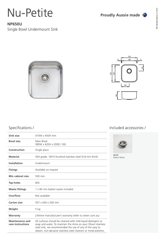 Oliveri Nu-Petite Standard Bowl Undermount Sink