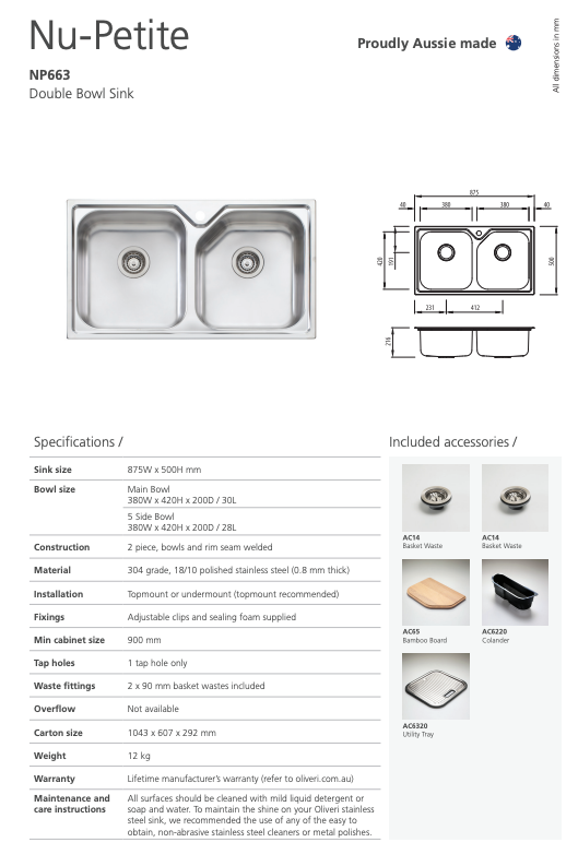 Oliveri Nu-Petite Double Bowl Topmount Sink