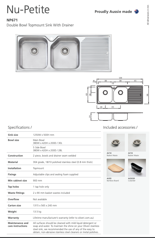 Oliveri Nu-Petite Double Bowl Topmount Sink with Drainer