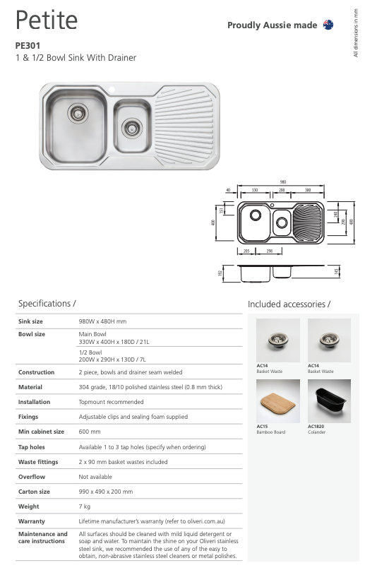 Oliveri Petite 1 & 1/2 Bowl Sink With Drainer