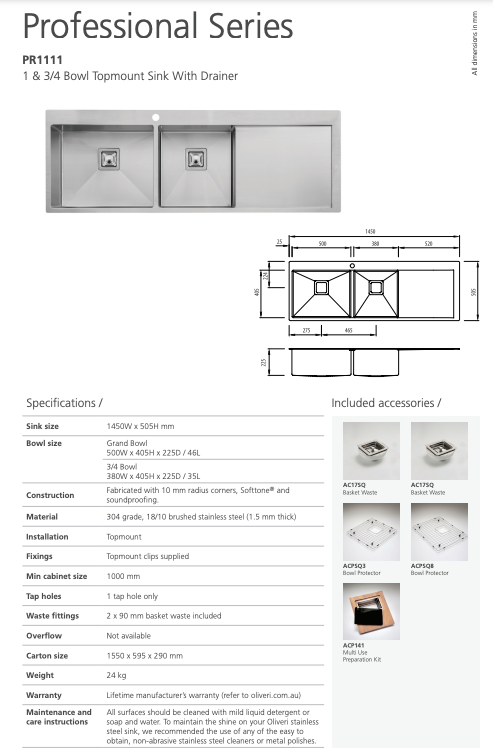 Oliveri Professional Series 1 & 3/4 Bowl Topmount Sink with Drainer