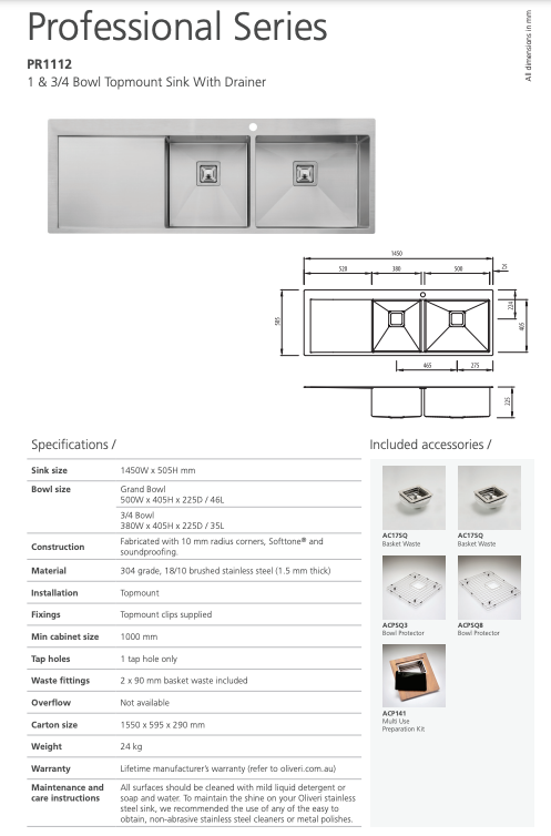 Oliveri Professional Series 1 & 3/4 Bowl Topmount Sink with Drainer