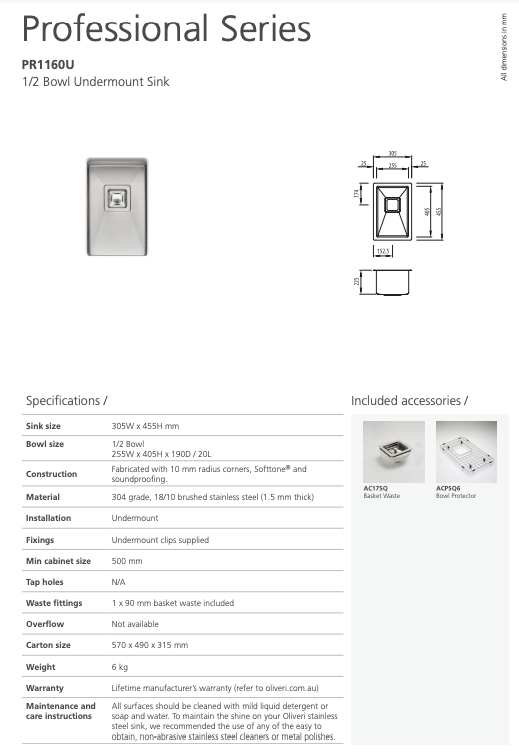 Oliveri Professional Series Single Grand Bowl Undermount Sink & Single ½ Bowl Undermount Sink