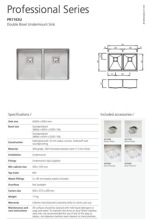 Oliveri Professional Series Double Bowl Undermount Sink