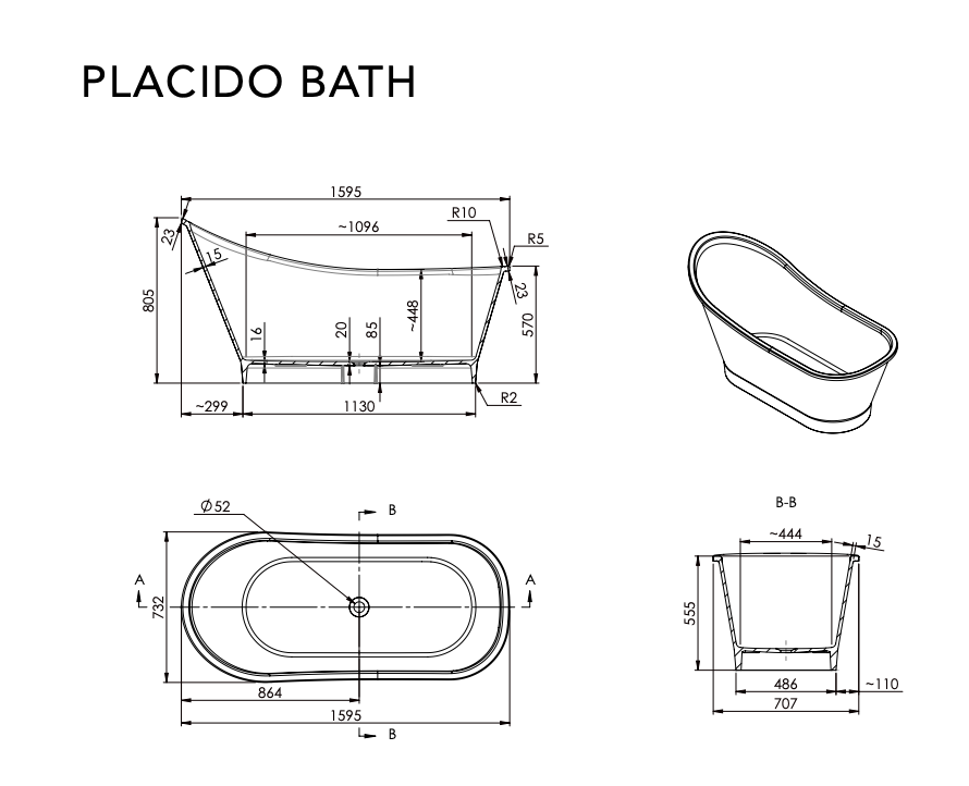 ADP Placido Freestanding Bath 1590mm - Gloss White - Wellsons