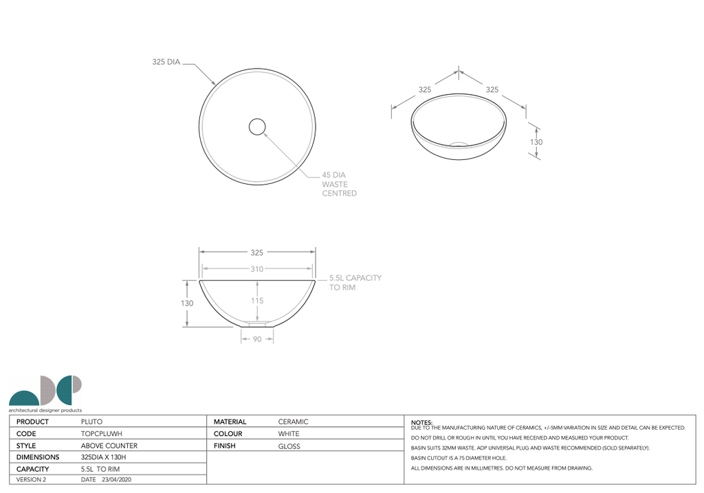 ADP Pluto Above Counter Basin - Gloss White - Wellsons