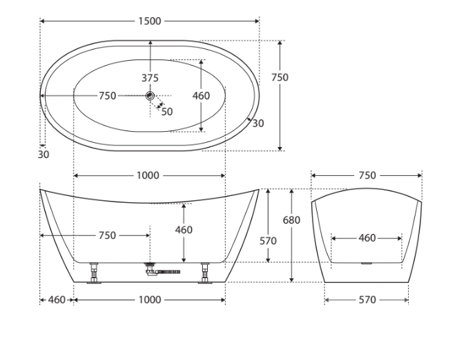 Fienza Paola Freestanding Acrylic Bath 1500mm - Gloss White