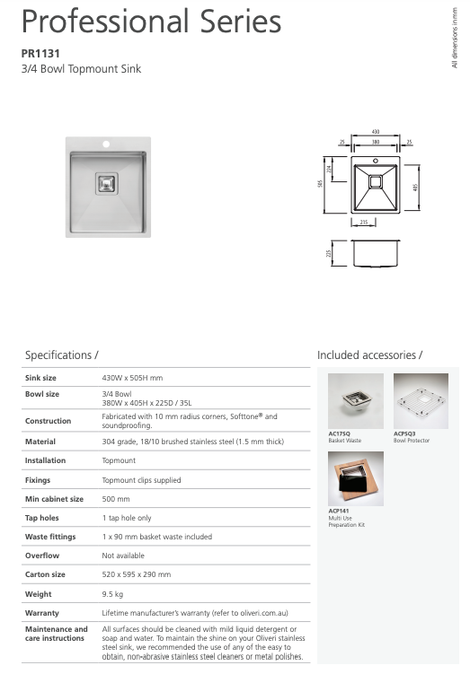 Oliveri Professional Series Single Bowl Topmount Sink