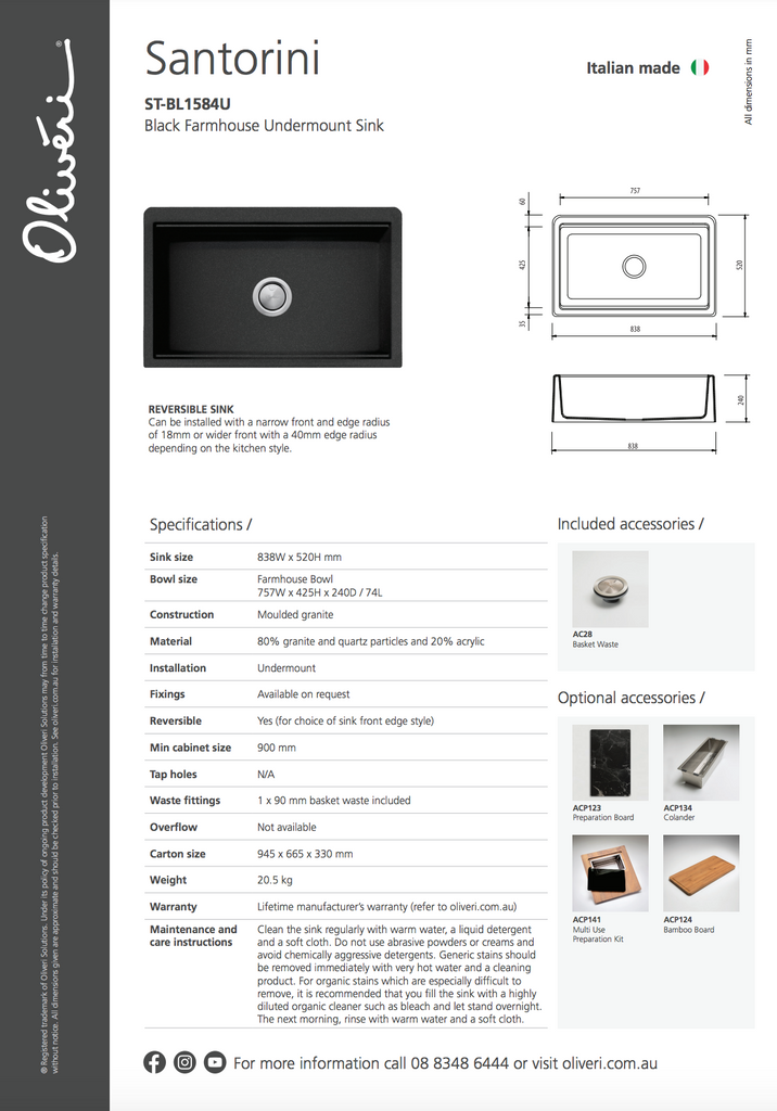 Oliveri Santorini Black Farmhouse Undermount Sink