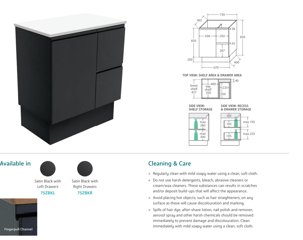 Fienza Vanessa Fingerpull Kickboard Vanity Matte Black