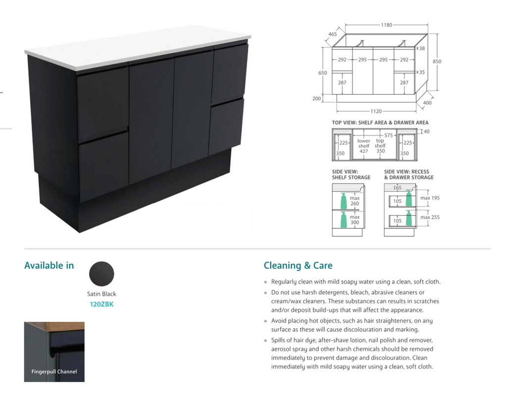 Fienza Vanessa Fingerpull Kickboard Vanity Matte Black