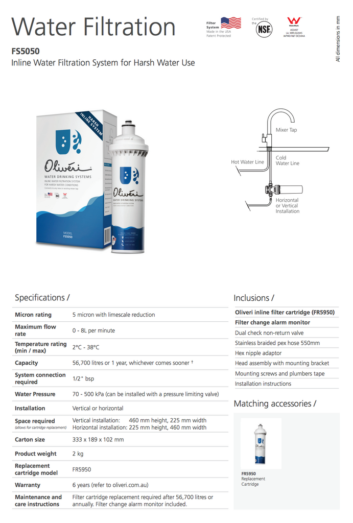 Oliveri Inline Water Filtration System for Harsh Water Use