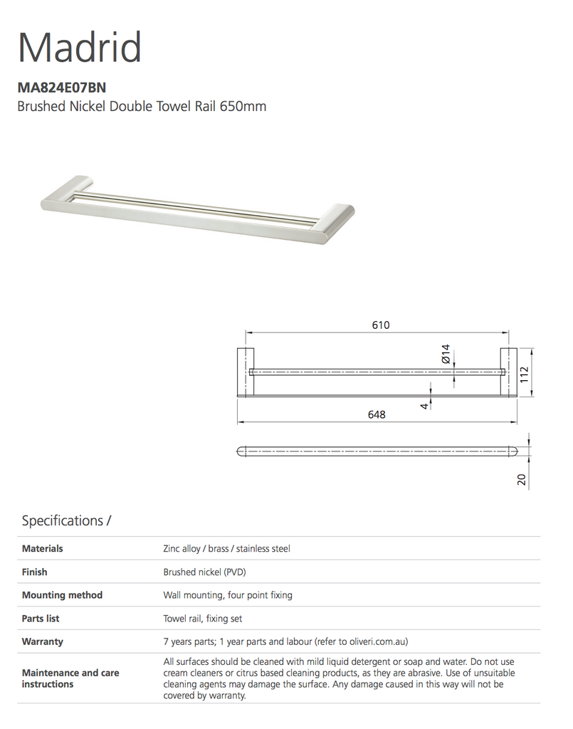 Madrid Brushed Nickel Double Towel Rail 650mm