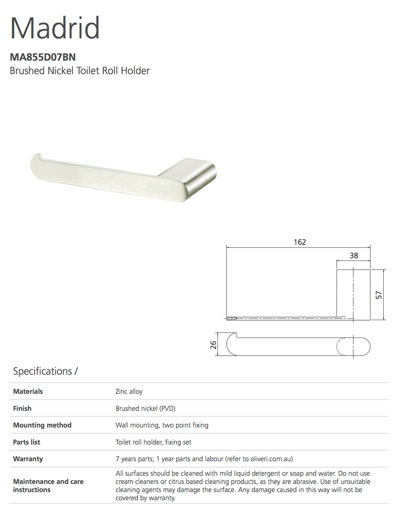 Madrid Brushed Nickel Toilet Roll Holder