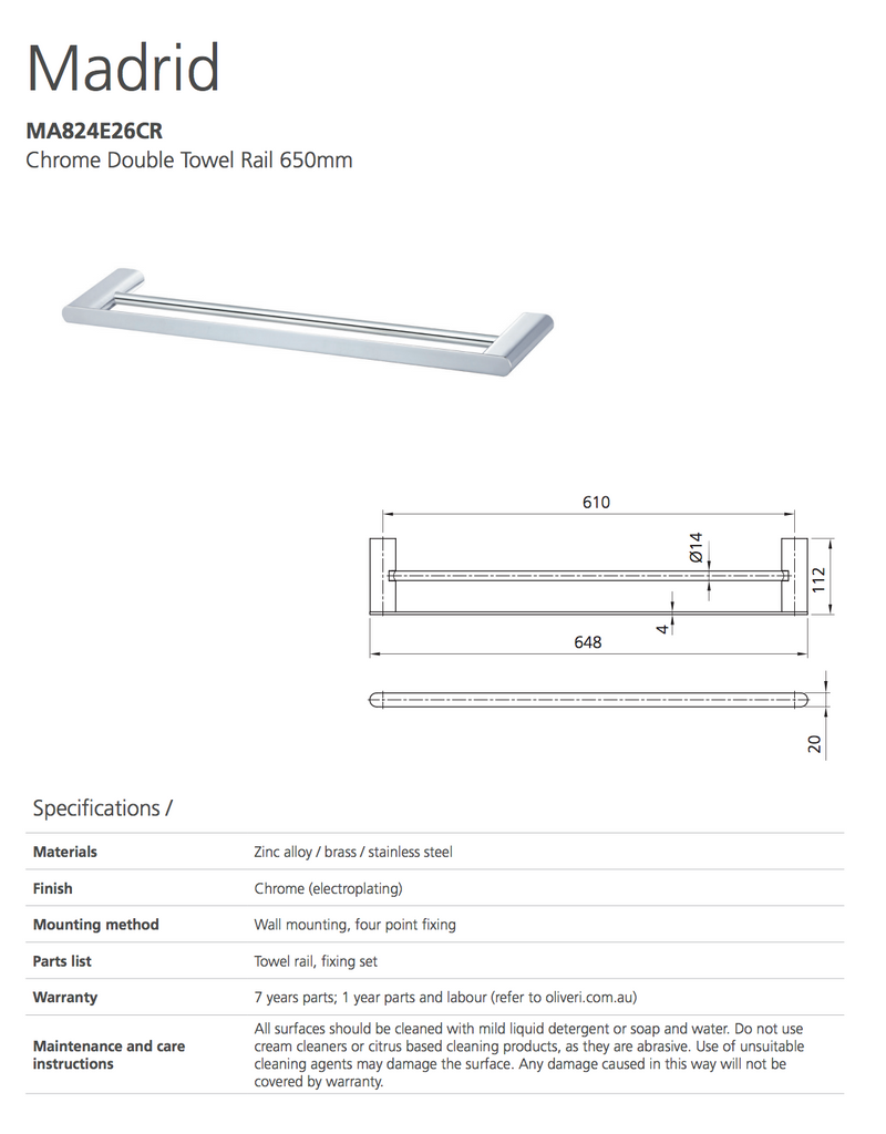 Madrid Chrome Double Towel Rail 650mm