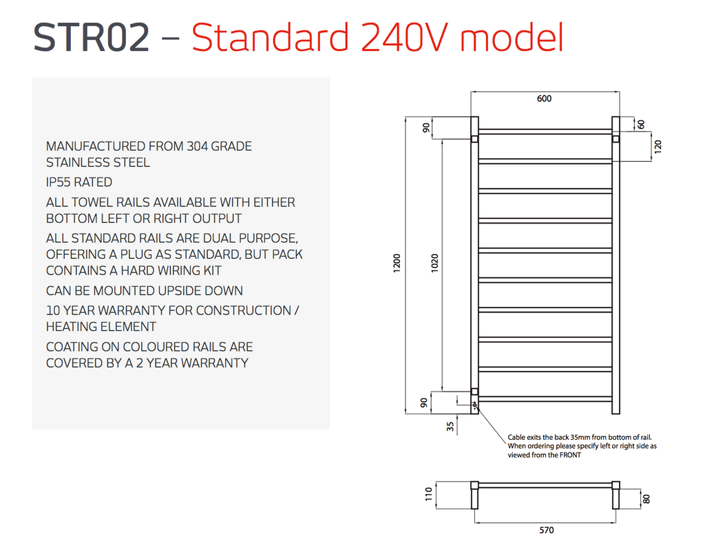 Radiant Heating Square Bars 240V Heated Towel Rails Polished 600 x 1200