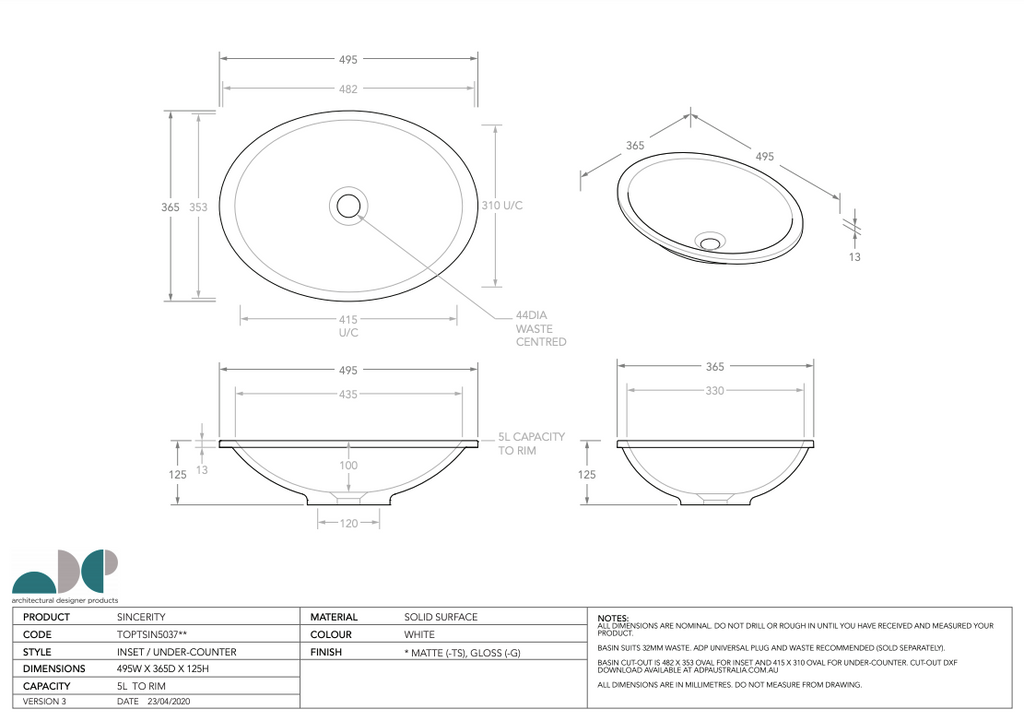 ADP Sincerity Solid Surface Under Counter Basin - Gloss White - Wellsons