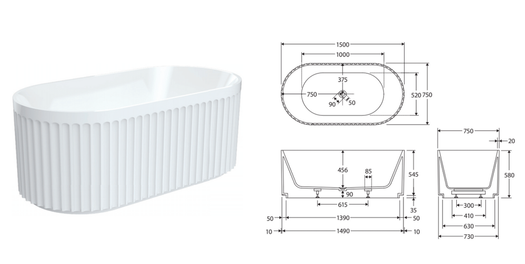 Fienza Eleanor Fluted Freestanding Acrylic Bath with Overflow 1500mm - Gloss White