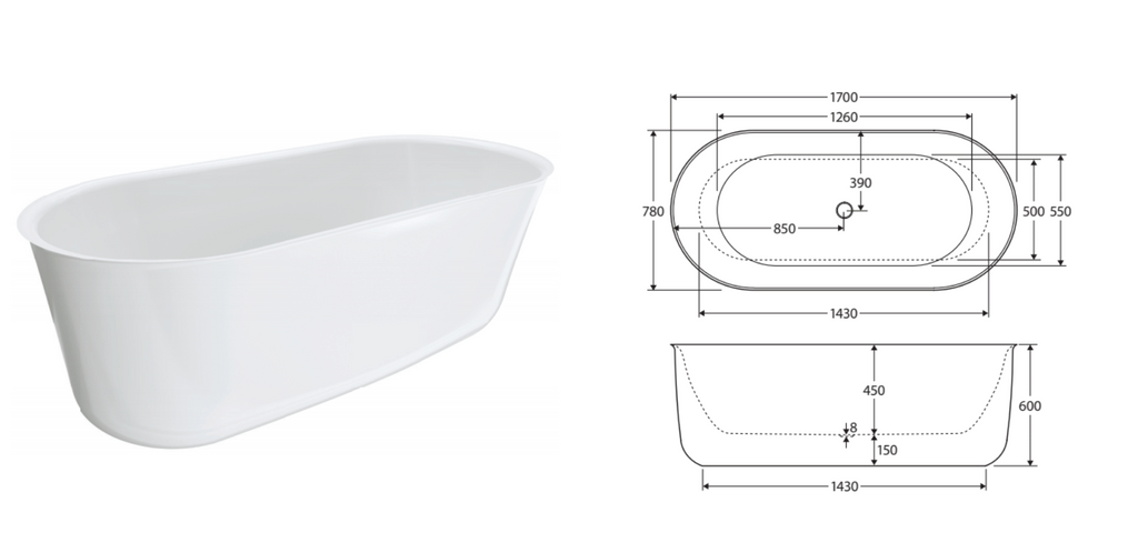Fienza Windsor Freestanding Acrylic Bath 1700mm - Gloss White
