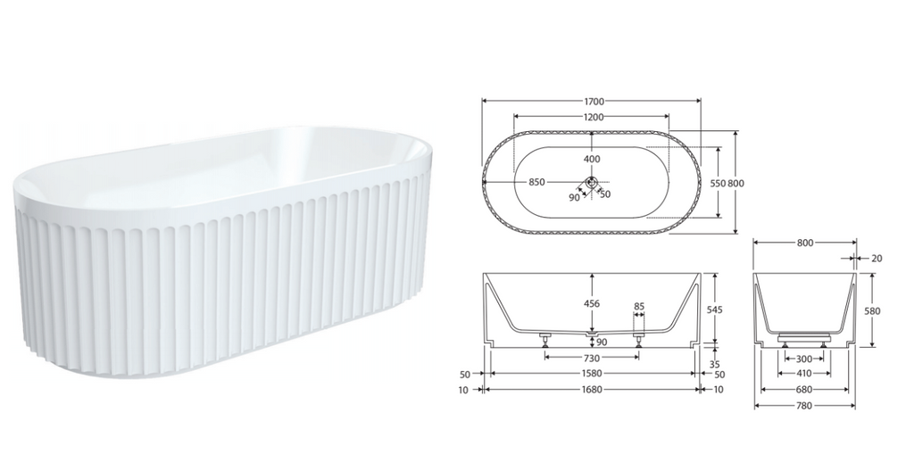 Fienza Eleanor Fluted Freestanding Acrylic Bath with Overflow 1700mm - Gloss White