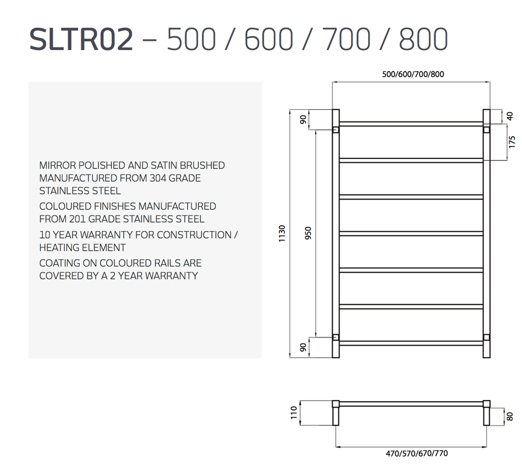 Radiant Heating Square Bars Non Heated Towel Rails Polished 500 x 1130