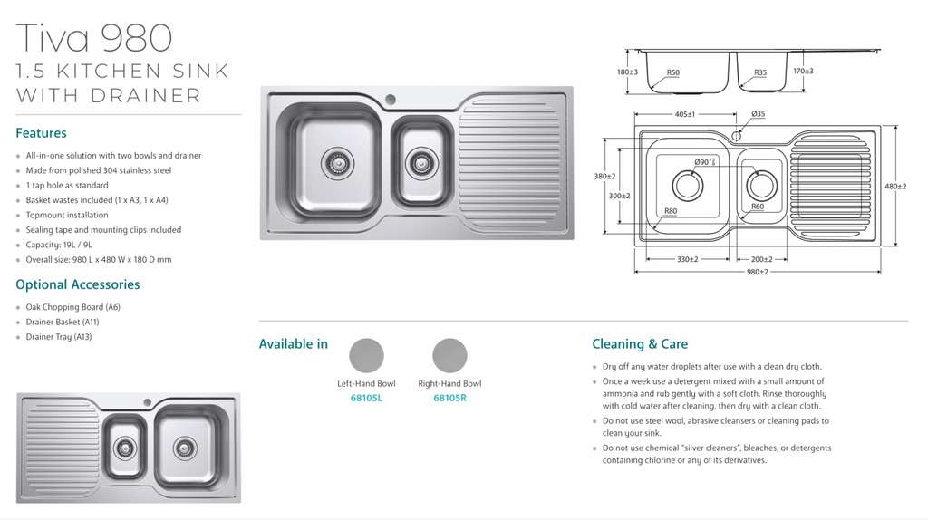Fienza Tiva 980 1.5 Kitchen Sink with Drainer