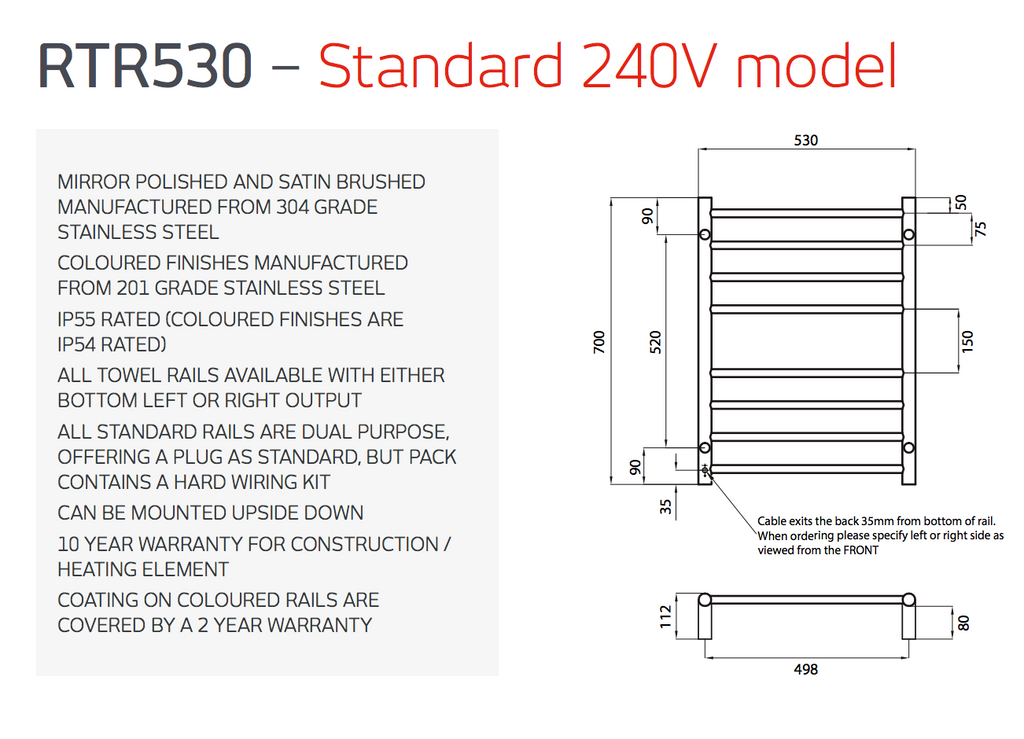 Radiant Heating Round Bars 240V Heated Towel Rails Polished 530 x 700