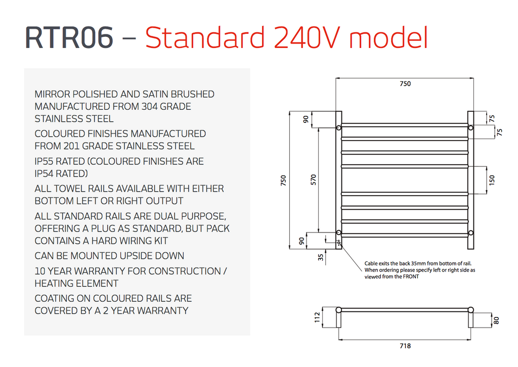 Radiant Heating Round Bars 240V Heated Towel Rails Matte Black 750 x 750