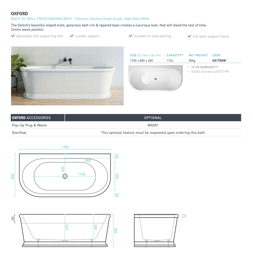 Decina Oxford Freestanding back to wall Bath 1700mm - Gloss White
