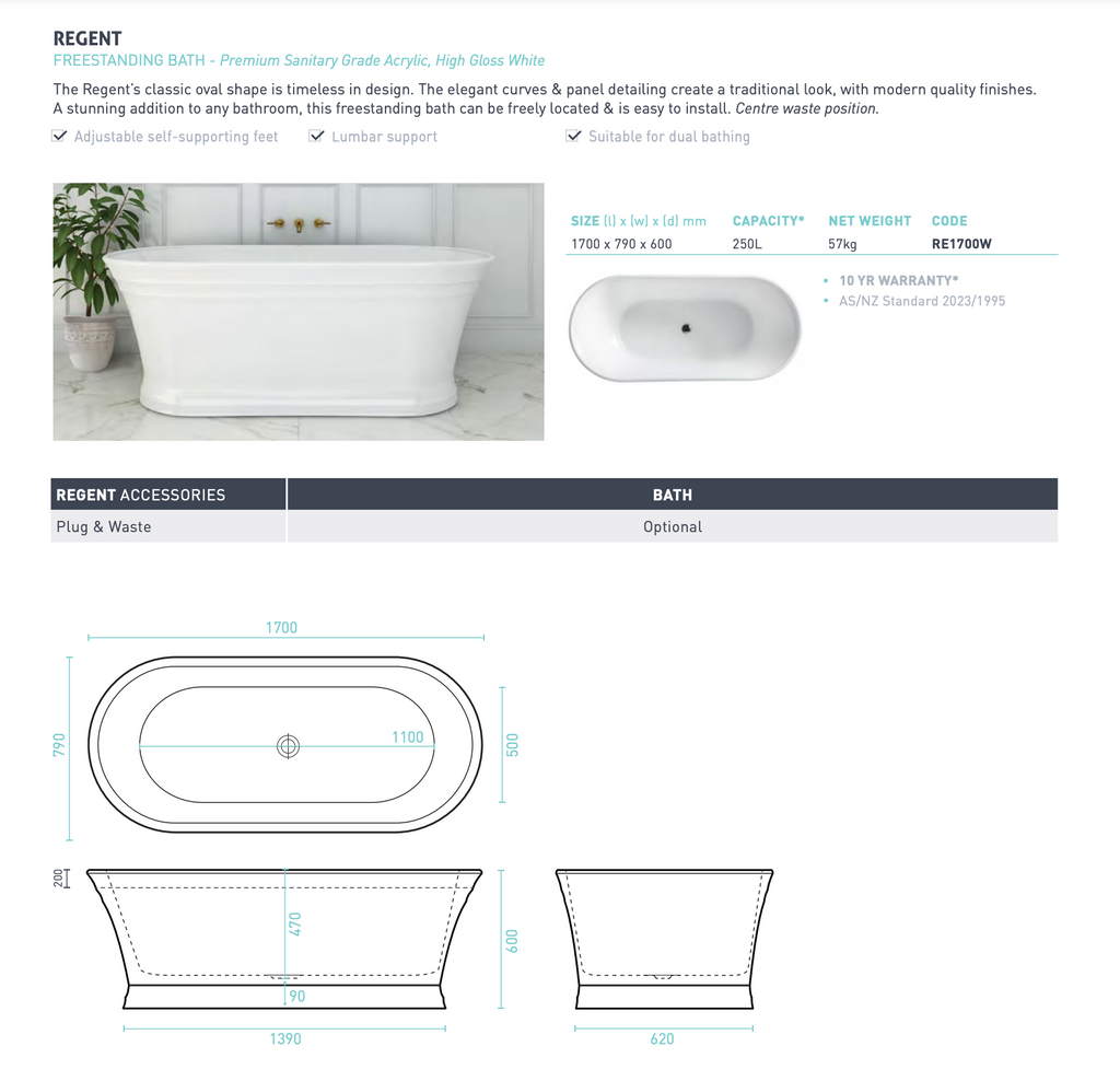 Decina Regent Freestanding Bath 1700mm - Gloss White