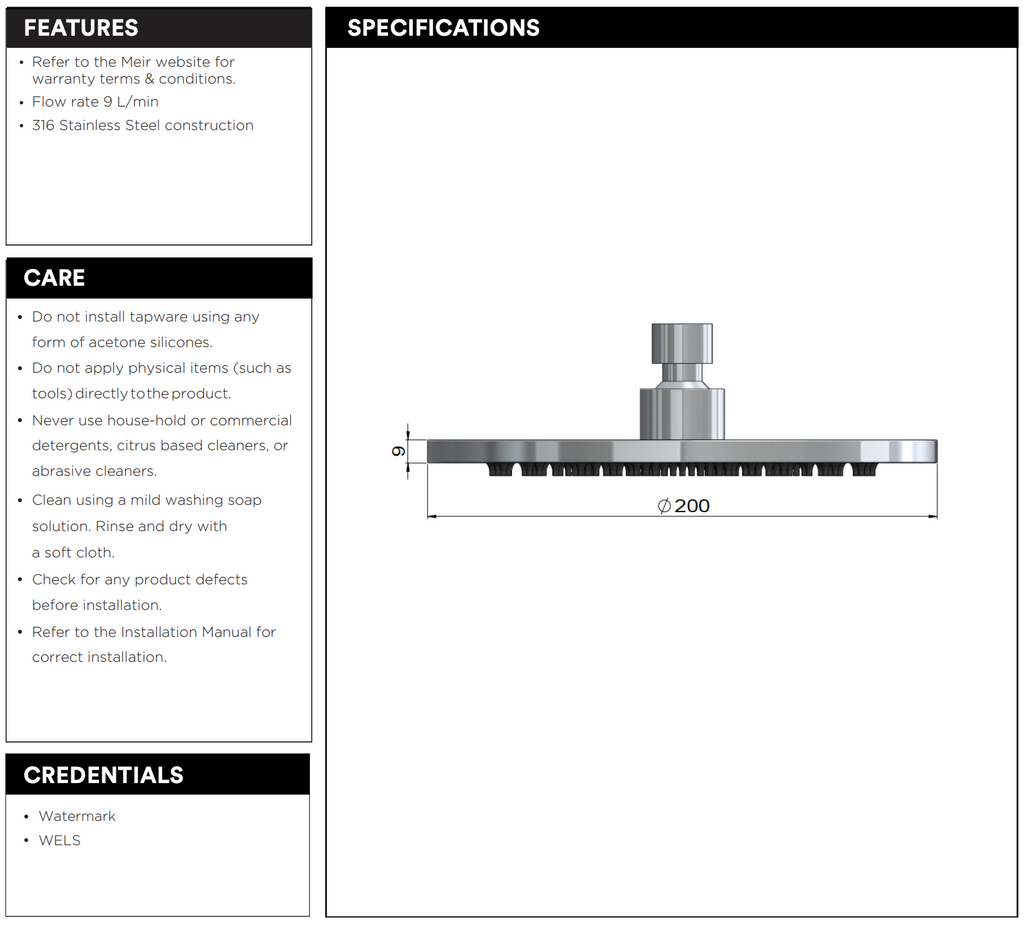Meir Outdoor Round Shower Head 200mm - Stainless Steel 316