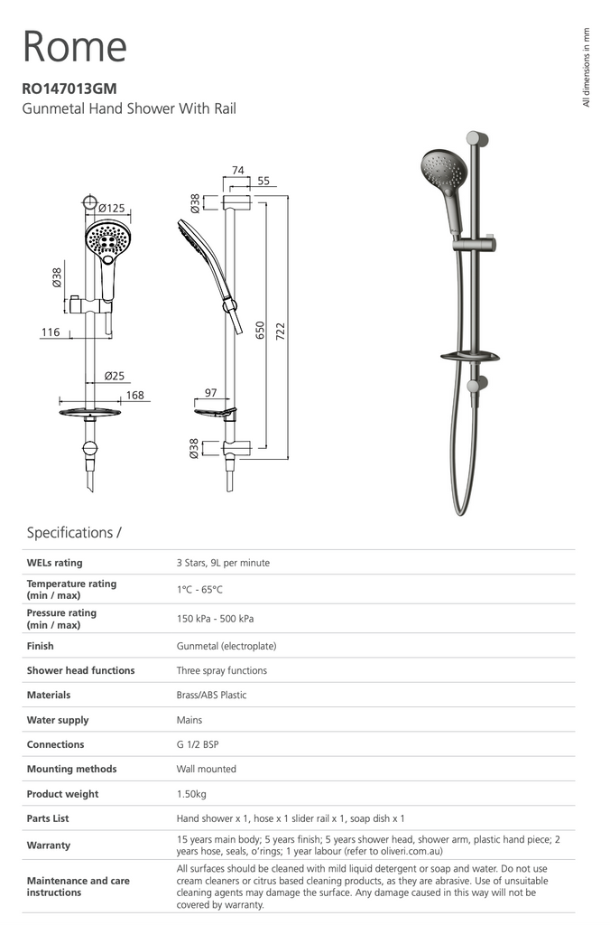 Oliveri Rome Gunmetal Hand Shower With Rail